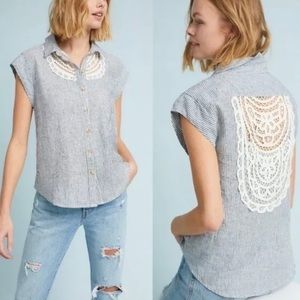 MAEVE Anthropologie yoked lace linen button down top. Medium